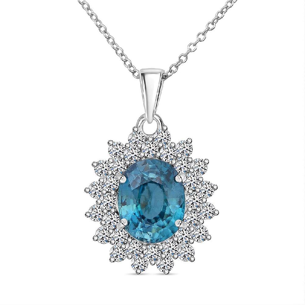 AAA Cambodian Perito Moreno Blue Zircon and G-H SI Luxuriant Lab Grown Diamond 5.50 ctw Sea Radiance Pendant Necklace in 10K White Gold 18 Inches