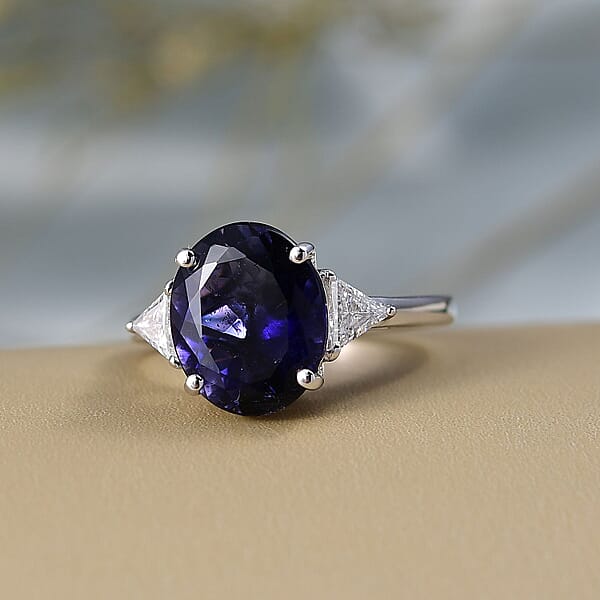 AAA Catalina Iolite And Luxuriant Lab Grown Diamond E-F VS 3.85 Ctw Art Deco Ring In 10K White Gold