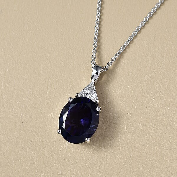 AAA Catalina Iolite Lab Grown Diamond Art Deco Pendant Necklace In 10K White Gold 3.10 Ctw (20 Inches)