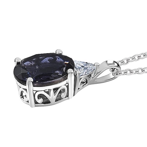 AAA Catalina Iolite Lab Grown Diamond Art Deco Pendant Necklace In 10K White Gold 3.10 Ctw (20 Inches)