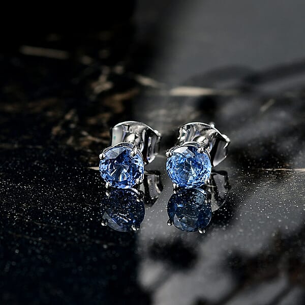 AAA Ceylon Blue Sapphire 1.25 Ctw Solitaire Stud Earrings In 10K White Gold