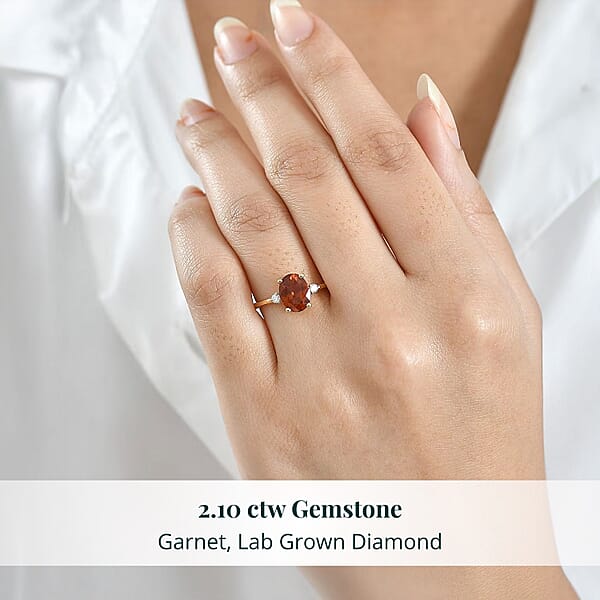 AAA Ceylon Honey Garnet Lab Grown Diamond Ring In 18K Vermeil YG Over Sterling Silver 2.10 Ctw
