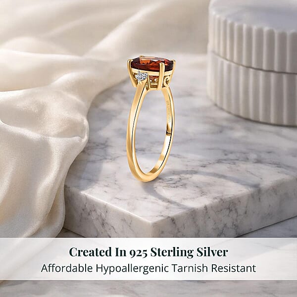 AAA Ceylon Honey Garnet Lab Grown Diamond Ring In 18K Vermeil YG Over Sterling Silver 2.10 Ctw