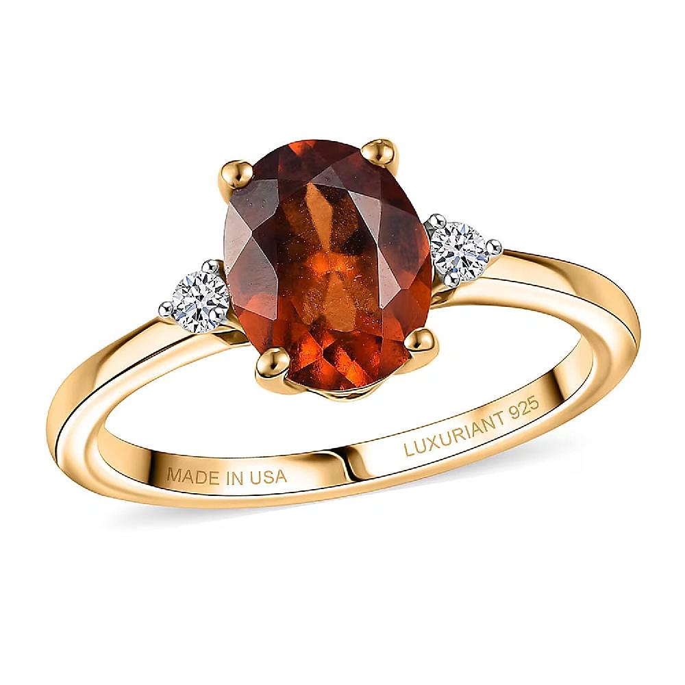 AAA Ceylon Honey Garnet Lab Grown Diamond Ring in 18K Vermeil YG Over Sterling Silver 2.10 ctw