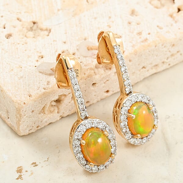AAA Ethiopian Welo Opal And White Diamond SI 2.50 Ctw Earrings In 14K Yellow Gold