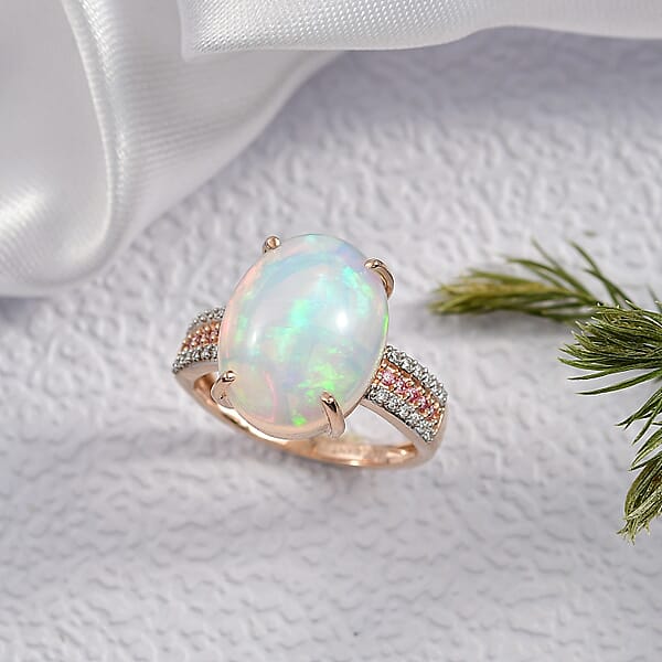 AAA Ethiopian Welo Opal Luxuriant Lab Grown Pink And White Diamond (VS) 6.35 Ctw Frozen Flame Ring In 10K Rose Gold