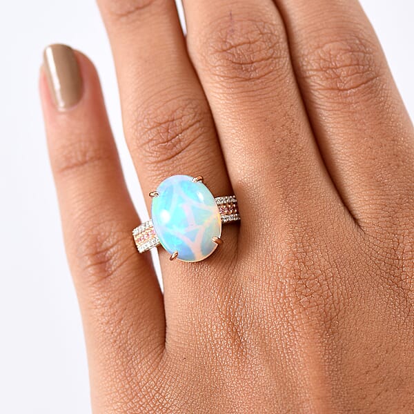 AAA Ethiopian Welo Opal Luxuriant Lab Grown Pink And White Diamond (VS) 6.35 Ctw Frozen Flame Ring In 10K Rose Gold