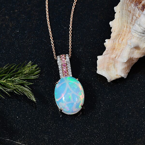 AAA Ethiopian Welo Opal Luxuriant Lab Grown Pink And White Diamond VS 6.25 Ctw Frozen Flame Pendant Necklace In 10K Rose Gold 20 Inches