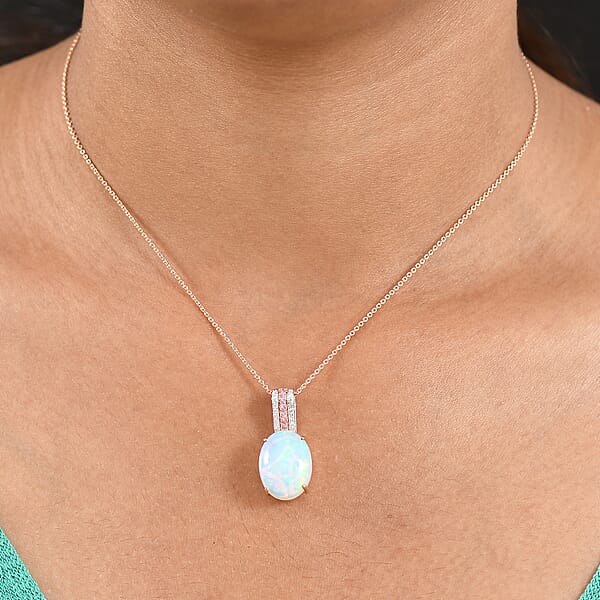 AAA Ethiopian Welo Opal Luxuriant Lab Grown Pink And White Diamond VS 6.25 Ctw Frozen Flame Pendant Necklace In 10K Rose Gold 20 Inches