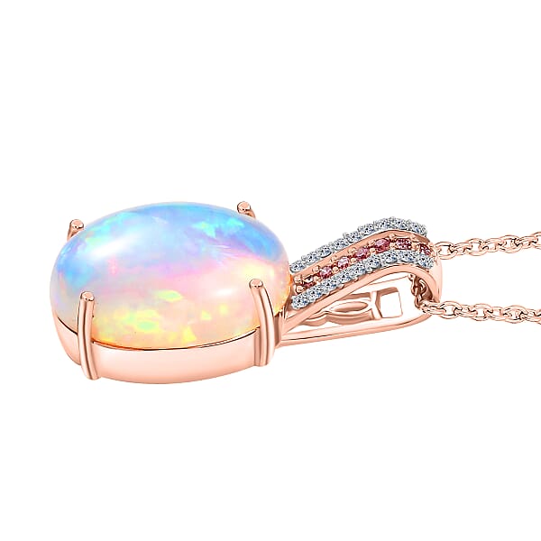 AAA Ethiopian Welo Opal Luxuriant Lab Grown Pink And White Diamond VS 6.25 Ctw Frozen Flame Pendant Necklace In 10K Rose Gold 20 Inches