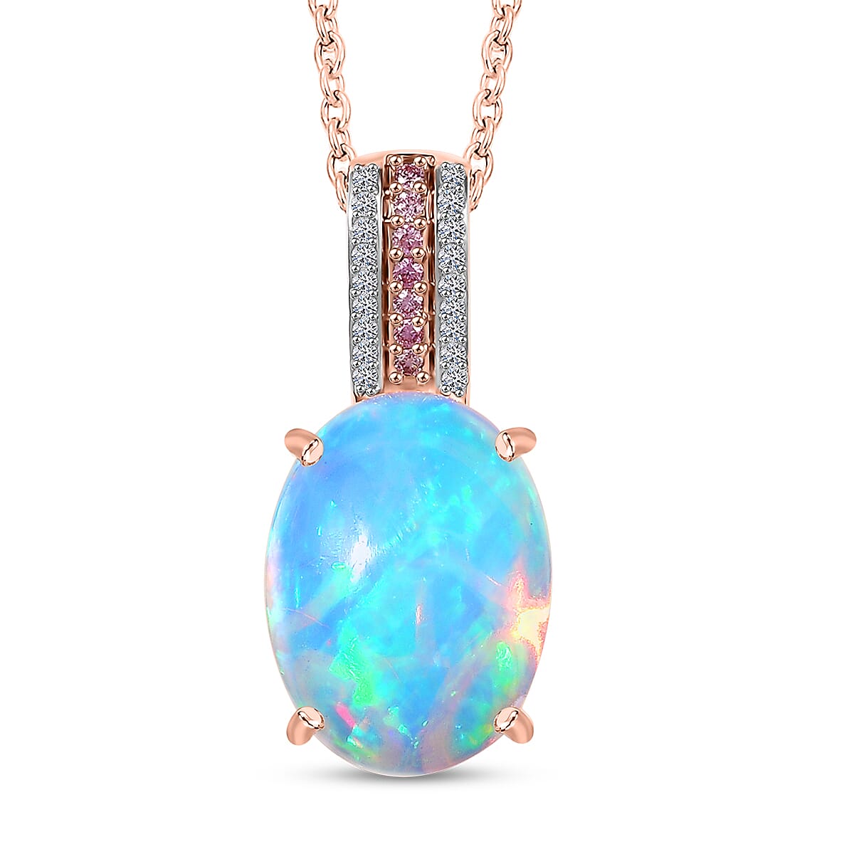 AAA Ethiopian Welo Opal Luxuriant Lab Grown Pink and White Diamond VS 6.25 ctw Frozen Flame Pendant Necklace in 10K Rose Gold 20 Inches