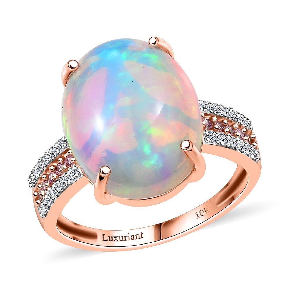 AAA Ethiopian Welo Opal Luxuriant Lab Grown Pink and White Diamond (VS) 6.35 ctw Frozen Flame Ring in 10K Rose Gold