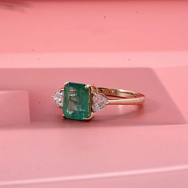 AAA Kagem Zambian Emerald And Luxuriant Lab Grown Diamond E-F VS 3.10 Ctw Ring In 14K Yellow Gold