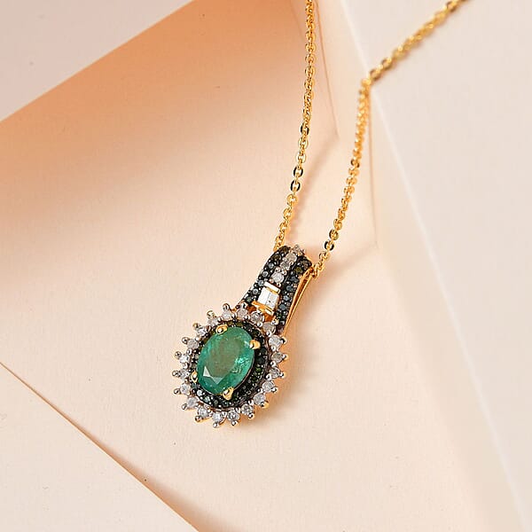 AAA Kagem Zambian Emerald Green And White Diamond Sunburst Pendant Necklace 20 Inches In Vermeil Yellow Gold Over Sterling Silver 1.10 Ctw