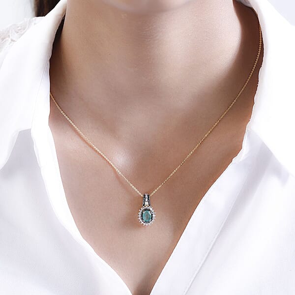 AAA Kagem Zambian Emerald Green And White Diamond Sunburst Pendant Necklace 20 Inches In Vermeil Yellow Gold Over Sterling Silver 1.10 Ctw