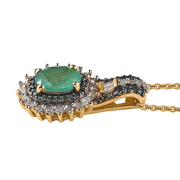 AAA Kagem Zambian Emerald Green And White Diamond Sunburst Pendant Necklace 20 Inches In Vermeil Yellow Gold Over Sterling Silver 1.10 Ctw