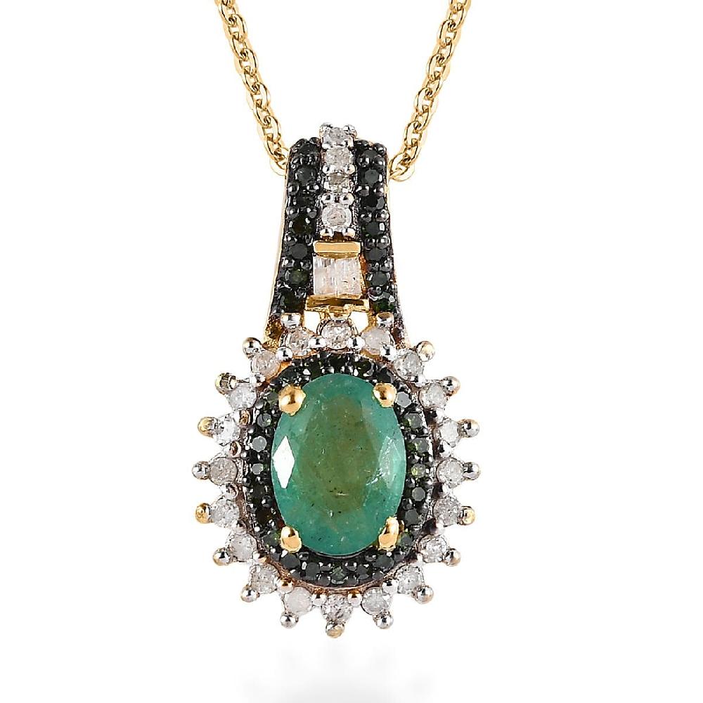 AAA Kagem Zambian Emerald Green and White Diamond Sunburst Pendant Necklace 20 Inches in Vermeil Yellow Gold Over Sterling Silver 1.10 ctw