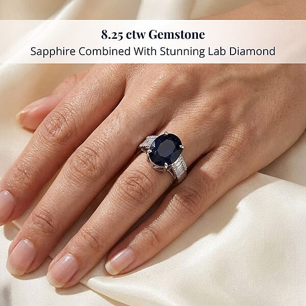 AAA Kanchanaburi Blue Sapphire (DF) And G-H SI Luxuriant Lab Grown Diamond 8.25 Ctw Midnight Majesty Ring In 10K White Gold