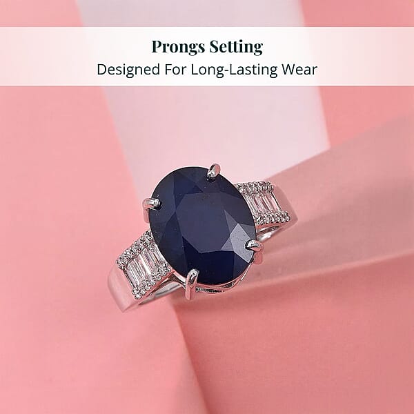 AAA Kanchanaburi Blue Sapphire (DF) And G-H SI Luxuriant Lab Grown Diamond 8.25 Ctw Midnight Majesty Ring In 10K White Gold
