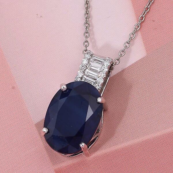 AAA Kanchanaburi Blue Sapphire (DF) And G-H SI Luxuriant Lab Grown Diamond 7.25 Ctw Midnight Majesty Pendant Necklace 18 Inches In 10K White Gold