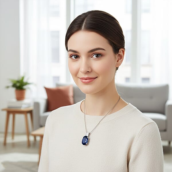 AAA Kanchanaburi Blue Sapphire (DF) And G-H SI Luxuriant Lab Grown Diamond 7.25 Ctw Midnight Majesty Pendant Necklace 18 Inches In 10K White Gold