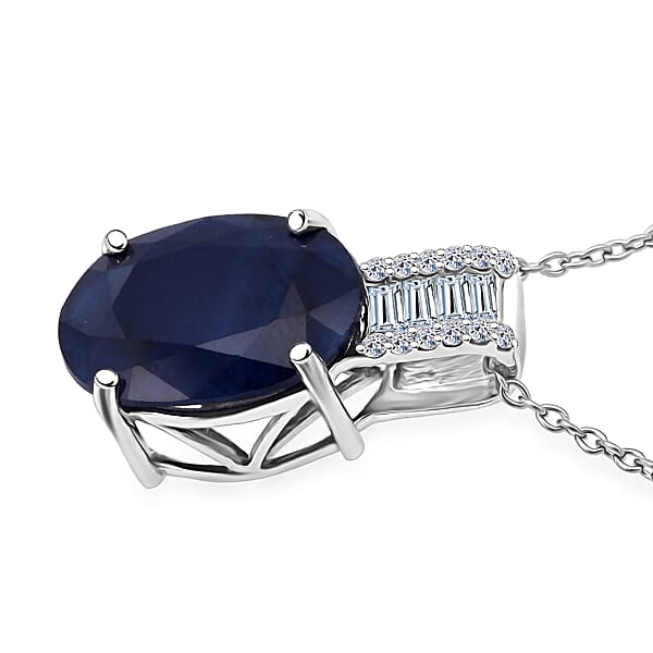 AAA Kanchanaburi Blue Sapphire (DF) And G-H SI Luxuriant Lab Grown Diamond 7.25 Ctw Midnight Majesty Pendant Necklace 18 Inches In 10K White Gold