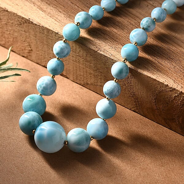 AAA Larimar 180.00 Ctw Beaded Necklace In 18K Vermeil Yellow Gold Over Sterling Silver 18-20 Inches