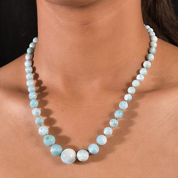 AAA Larimar 180.00 Ctw Beaded Necklace In 18K Vermeil Yellow Gold Over Sterling Silver 18-20 Inches