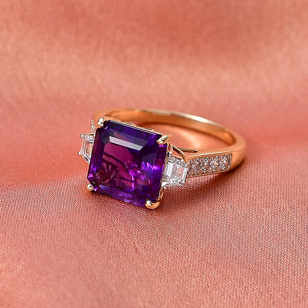 AAA Lusaka Amethyst And Luxuriant Lab Grown Diamond G-H SI 6.80 Ctw Ring In 10K Yellow Gold