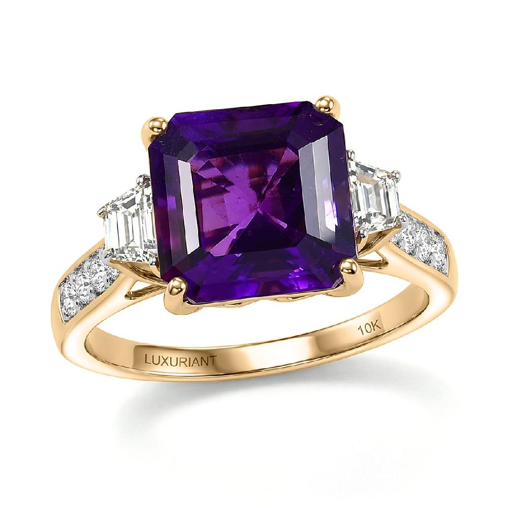 AAA Lusaka Amethyst and Luxuriant Lab Grown Diamond G-H SI 6.80 ctw Ring in 10K Yellow Gold