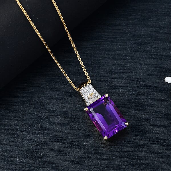 AAA Lusaka Amethyst And Moissanite 7.90 Ctw Majestic Pendant Necklace In 18K Vermeil Yellow Gold Over Sterling Silver 20 Inches
