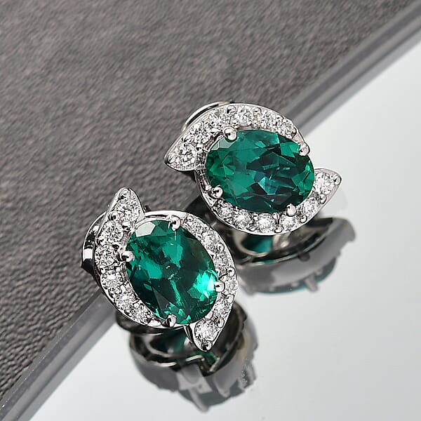 AAA Luxuriant Lab Grown Emerald And G-H SI Lab Grown Diamond 2.26 Ctw Earrings In 10K White Gold