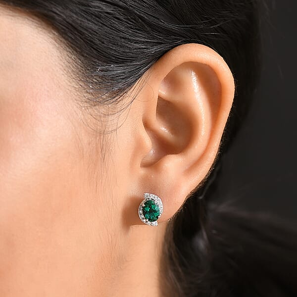 AAA Luxuriant Lab Grown Emerald And G-H SI Lab Grown Diamond 2.26 Ctw Earrings In 10K White Gold