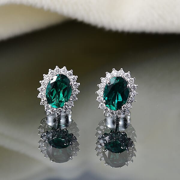 AAA Luxuriant Lab Grown Emerald And G-H SI Lab Grown Diamond 2.11 Ctw Earrings In 10K White Gold
