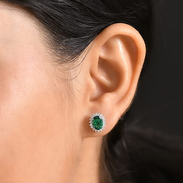 AAA Luxuriant Lab Grown Emerald And G-H SI Lab Grown Diamond 2.11 Ctw Earrings In 10K White Gold