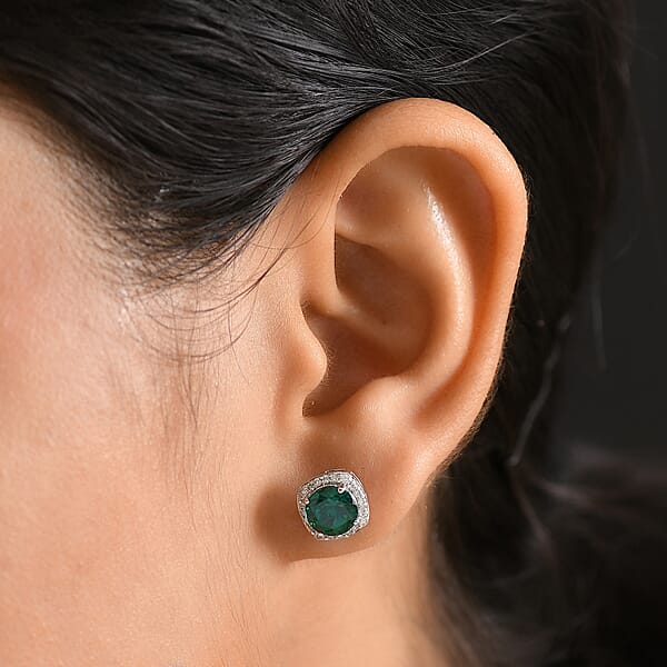 AAA Luxuriant Lab Grown Emerald And G-H SI Lab Grown Diamond 2.58 Ctw Earrings In 10K White Gold