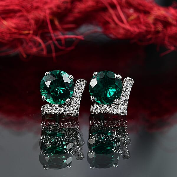 AAA Luxuriant Lab Grown Emerald And G-H SI Lab Grown Diamond 2.46 Ctw Earrings In 10K White Gold