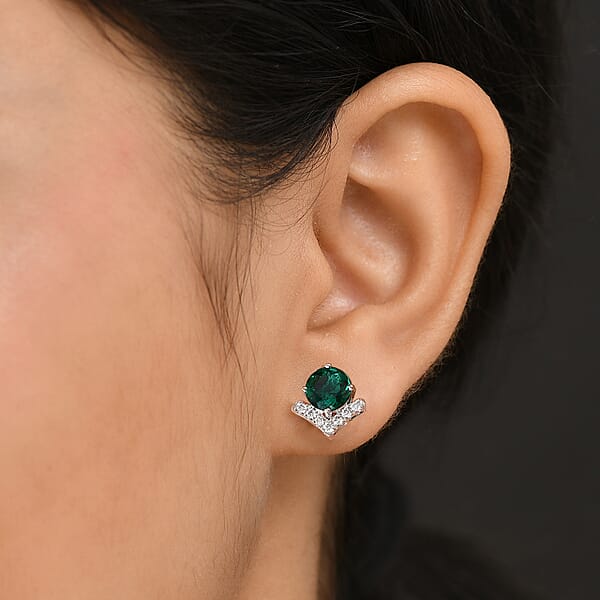 AAA Luxuriant Lab Grown Emerald And G-H SI Lab Grown Diamond 2.46 Ctw Earrings In 10K White Gold