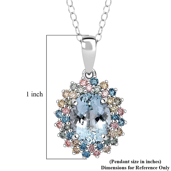 AAA Mangoro Aquamarine And SI Luxuriant Lab Grown Multi Diamond 2.90 Ctw Aurora Blossom Pendant Necklace In Rhodium Over Sterling Silver 20 Inches