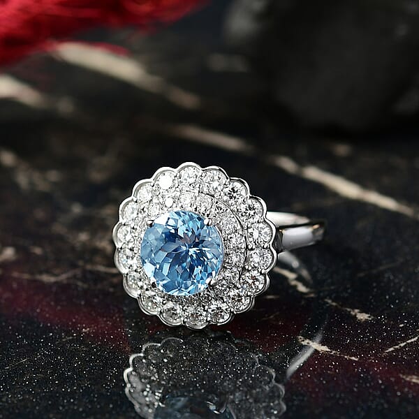AAA Mangoro Aquamarine Lab Grown Diamond Ring In 10K White Gold 2.90 Ctw