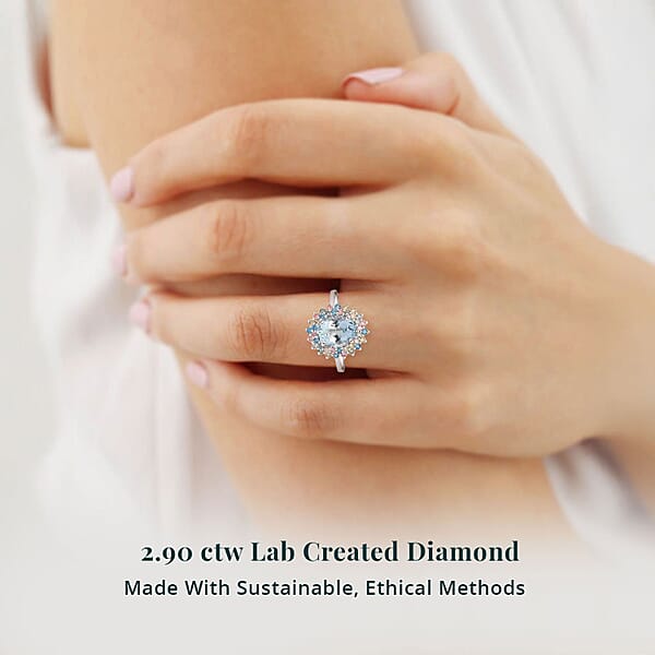 AAA Mangoro Aquamarine Lab Grown Multi Diamond Ring In Rhodium Over Sterling Silver 2.90 Ctw