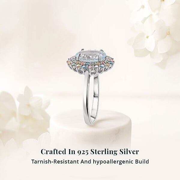 AAA Mangoro Aquamarine Lab Grown Multi Diamond Ring In Rhodium Over Sterling Silver 2.90 Ctw