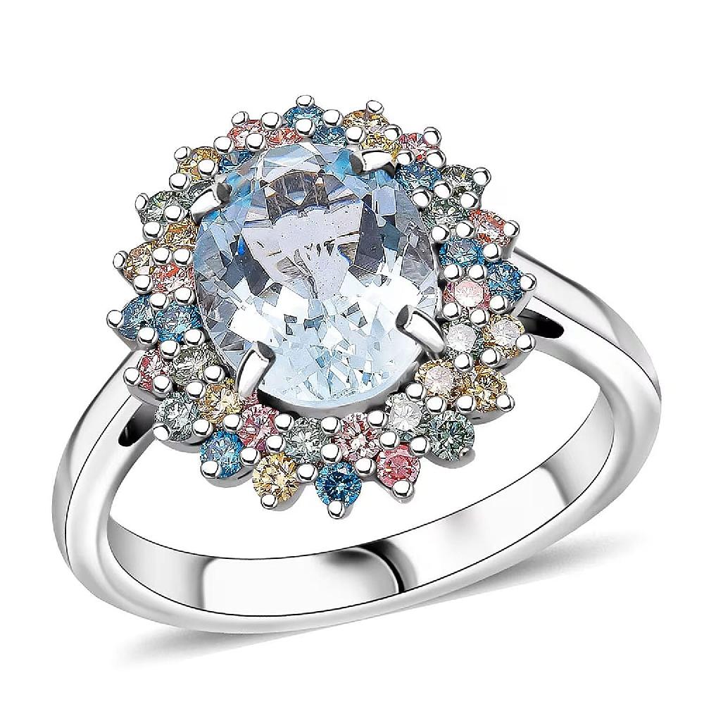 AAA Mangoro Aquamarine Lab Grown Multi Diamond Ring in Rhodium Over Sterling Silver 2.90 ctw