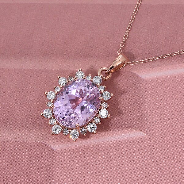 AAA Martha Rocha Kunzite And Luxuriant Lab Grown G-H SI 6.75 Ctw Blush & Bloom Pendant Necklace In 10K Rose Gold 18 Inches