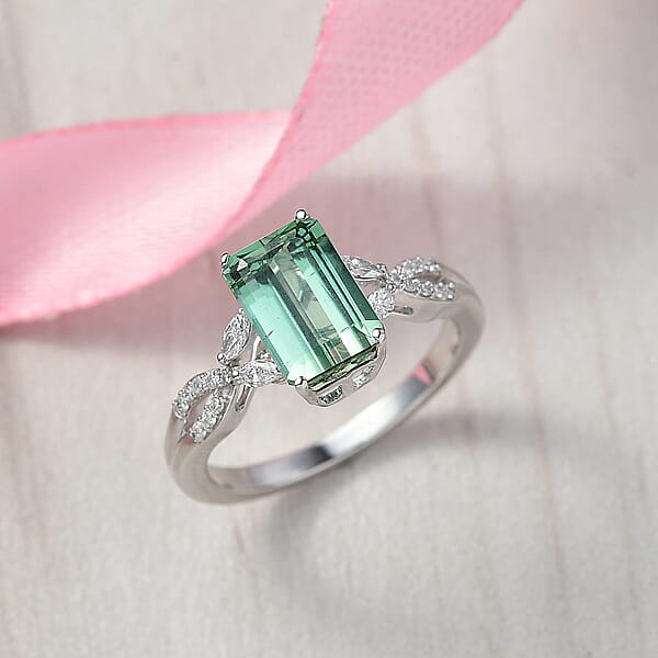 AAA Mint Tourmaline And Luxuriant Lab Grown Diamond E-F VS 2.65 Ctw Ring In 10K White Gold