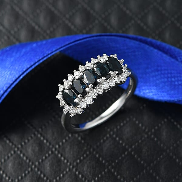 AAA Monte Belo Indicolite And Luxuriant Lab Grown Diamond G-H SI 1.50 Ctw Starburst Elegance Ring In Rhodium Over Sterling Silver