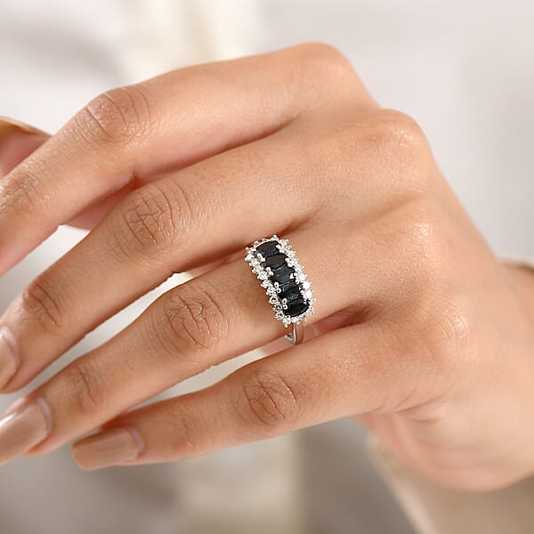 AAA Monte Belo Indicolite And Luxuriant Lab Grown Diamond G-H SI 1.50 Ctw Starburst Elegance Ring In Rhodium Over Sterling Silver