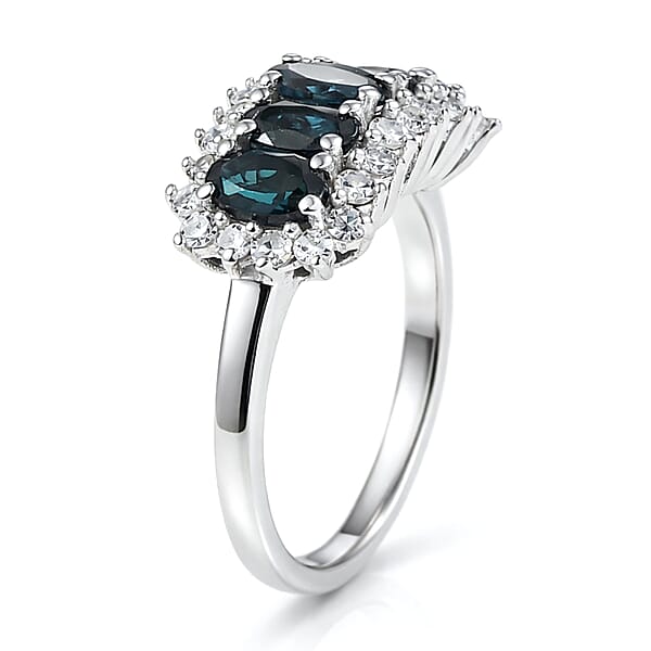 AAA Monte Belo Indicolite And Luxuriant Lab Grown Diamond G-H SI 1.50 Ctw Starburst Elegance Ring In Rhodium Over Sterling Silver