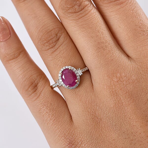 AAA Montepuez Ruby And Luxuriant Lab Grown Diamond EF-VS 3.10 Ctw Crownlight Ring In 10K Yellow Gold