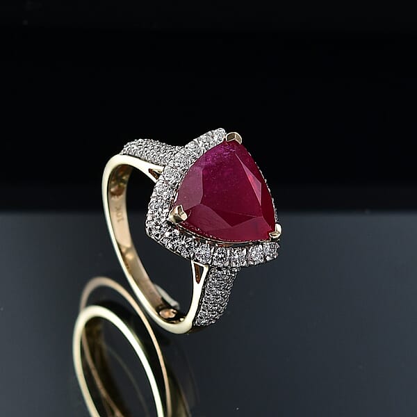 AAA Niassa Ruby And E-F VS Luxuriant Lab Grown Diamond 7.30 Ctw Ring In 10K Yellow Gold